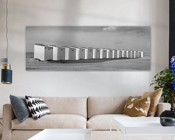 Beach cabins on the Belgian coast, black and white