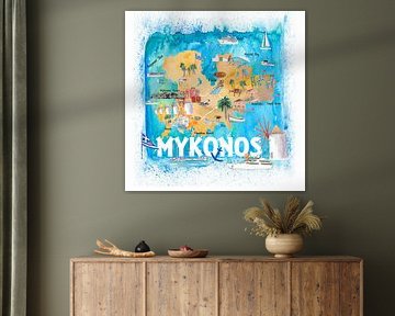 Mykonos Griechenland - illustrierte Karte mit den wichtigsten Straßen, Sehenswürdigkeiten und Highli