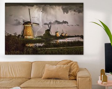 Lightning at the illuminated windmills of Kinderdijk