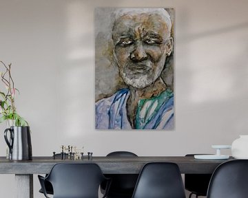 Portrait d'un vieil homme africain. Aquarelle peinte à la main. sur Ineke de Rijk