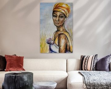 Portrait d'une femme africaine. Dessin à l'aquarelle et au pastel sur Ineke de Rijk