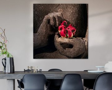 Boeddha's handen met rode bloem van Affect Fotografie