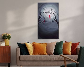 Red birds at full moon by Patricia Piotrak