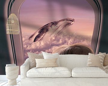 Magische Beeldbewerking: Meisje Kijkt Uit Vliegtuigraam en Ziet Vliegende Walvis Tussen de Wolken van Elianne van Turennout