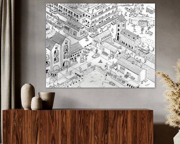 Illustration drawing in black and white of a big city van Ivonne Wierink