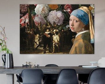 The Night Watch x Still Life with Flowers x Girl with the Pearl Earring - Landscape version