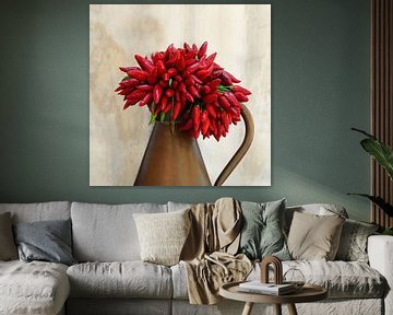 Copper vase with bouquet of red peppers by Annavee