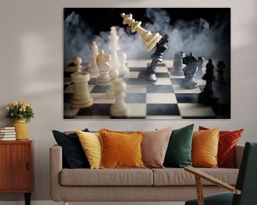 schaakkoningin verslaat koning tussen andere stukken op het schaakbord, veel rook over de strijd, te van Maren Winter