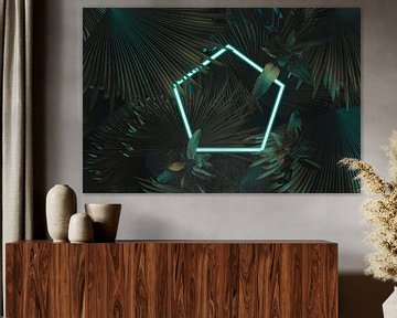 Vijfhoekig frame in neonlicht omgeven door tropische planten van Besa Art