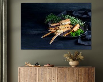 Fresh scampi, also called Norway Lobster or langoustine, with herbs on a plate on a dark blue wooden by Maren Winter