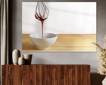 Brown sugar syrup flows from a wire whisk into a white bowl, wooden table and bright background with by Maren Winter