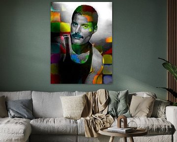 Freddie Mercury Abstract Portret in Geel, Groen, Oranje, Blauw van Art By Dominic