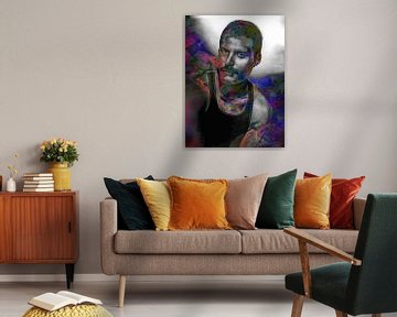 Freddie Mercury Abstraktes Porträt in Lila, Orange, Rosa von Art By Dominic
