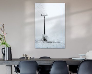 mast van een overlandkrachtlijn op een grijze mistige winterdag met rijp en sneeuw, kopieerruimte, v van Maren Winter