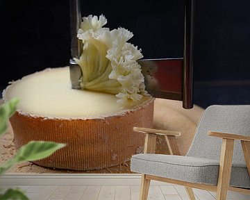 Tête de Moine or monk's head cheese in a girolle, a special knife to cut thin shavings in form of ro by Maren Winter