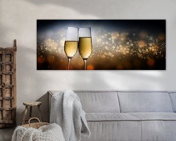 Happy New Year 2020, two champagne glass flutes toasting against a dark background with blurry bokeh by Maren Winter