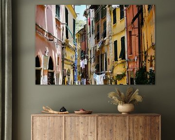 Porto Venere in Italië, typische smalle oude stadsstraat met kleurrijke huizen en waslijnen, geselec van Maren Winter