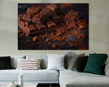 chocolade- en cacaopoeder op een donkere leisteenplaat, macrofoto, geselecteerde focus, smalle scher van Maren Winter