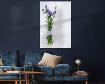 bunch of blooming lavender branches on a white painted wooden background with copy space, vertical by Maren Winter