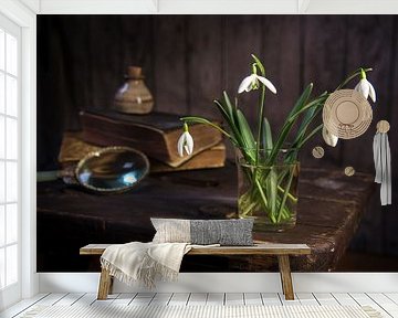 Sneeuwklokjes en wat oude voorwerpen op een vintage krukje tegen een donkere rustieke houten muur, l van Maren Winter