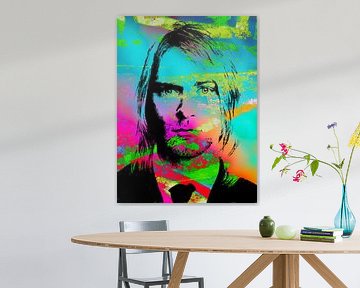 Kurt Cobain Abstract Portrait in Pink, Blue, Green Orange, Black by Art By Dominic