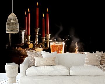 heißer Tee mit Spritzern und Dampf, Kerzen und Süßigkeiten machen die dunkle Winterzeit gemütlich, r von Maren Winter