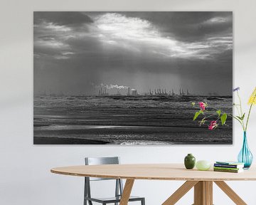 Zwart wit zonnestralen over de Maasvlakte van Sander de jong