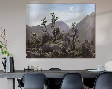 Carlos de Haes-Asturië bergen, steen op het bos, Antiek landschap