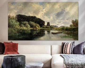 Carlos de Haes~Blumenenten im Teich, Landschaft der Mörtelwälder, antike Landschaft