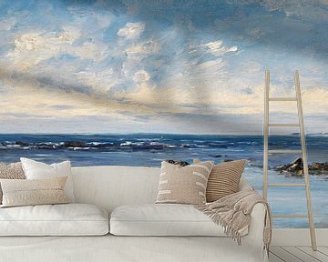 Carlos de Haes-Blauwe zee uitzicht, blauwe lucht, Antiek landschap