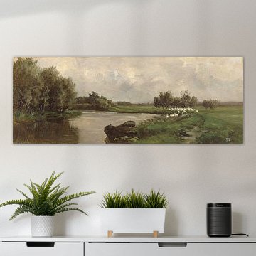 Carlos de Haes-Een rivier, een boot bij de rivier, een antiek landschap.