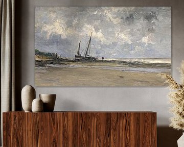 Carlos de Haes Gemälde von Meeresbewohnern, Küstenschiffe, antike Landschaft