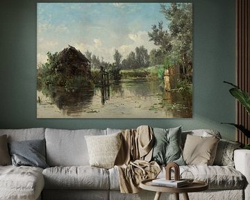 Paysage de maisons en bois abandonnées de Carlos de Haes au bord de la rivière, paysage antique