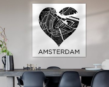 Liefde voor Amsterdam ZwartWit  |  Stadskaart in een hart