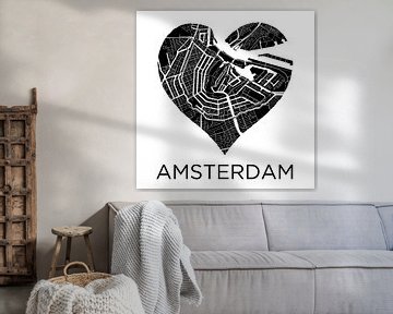 Liefde voor Amsterdam ZwartWit  |  Stadskaart in een hart