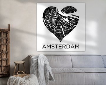 Liefde voor Amsterdam ZwartWit  |  Stadskaart in een hart van WereldkaartenShop