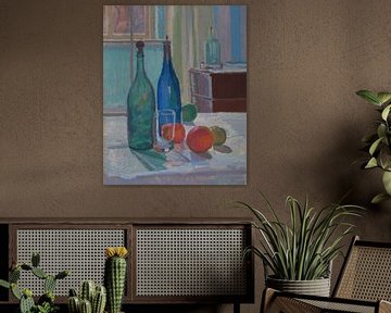 Spencer Frederick Gore~Blauwe en groene flessen en sinaasappelen