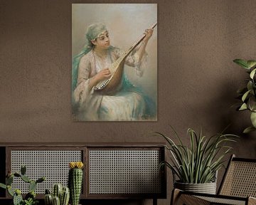 Fausto Zonaro-Vrouw die een String Instrument speelt