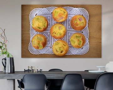 Rhubarb muffins from above on a tray by Ulrike Leone