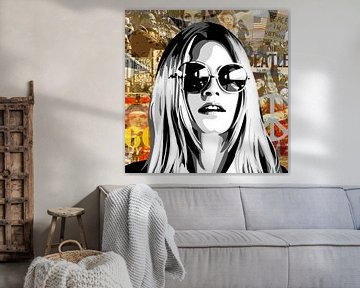 Portret van Brigitte Bardot op een achtergrond van 'Sixties' beelden