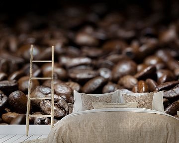 coffee backdrop, dark brown roasted beans, close up with details in the foreground, blurred in the b by Maren Winter