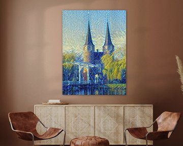 Schilderij Oostpoort Delft in stijl Van Gogh van Slimme Kunst.nl