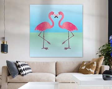 Twee roze flamingo's van Bianca Wisseloo
