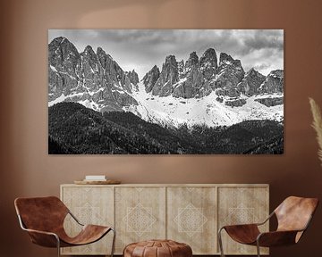 Odle mountain massif in black and white, Dolomites, Italy