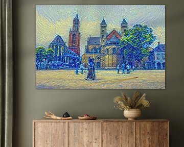 De kerkentweeling op het Vrijthof van Maastricht in de stijl van Van Gogh: Sint Servaasbasiliek en S