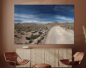Onverharde weg over de Altiplano in Bolivia met de Andes op de achtergrond van A. Hendriks