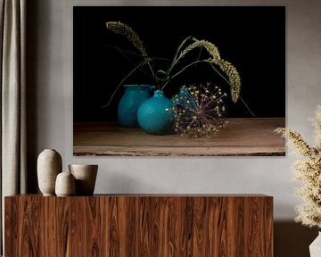 still life with three blue vases, ears of corn and a flower of an onion bulb on a dark by ChrisWillemsen