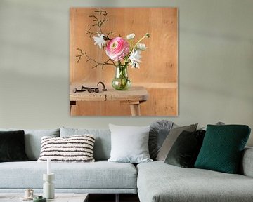 Still life of bouquet of flowers with old steel nails by Letty Bonsma