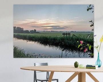 Nederlands landschap zonsondergang zonsopgang weiland en hek van Déwy de Wit