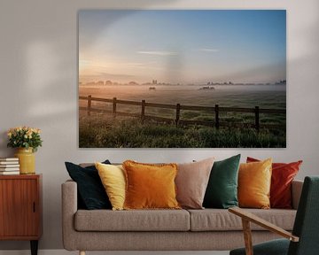 Nederlands landschap zonsondergang zonsopgang weiland en paarden van Déwy de Wit